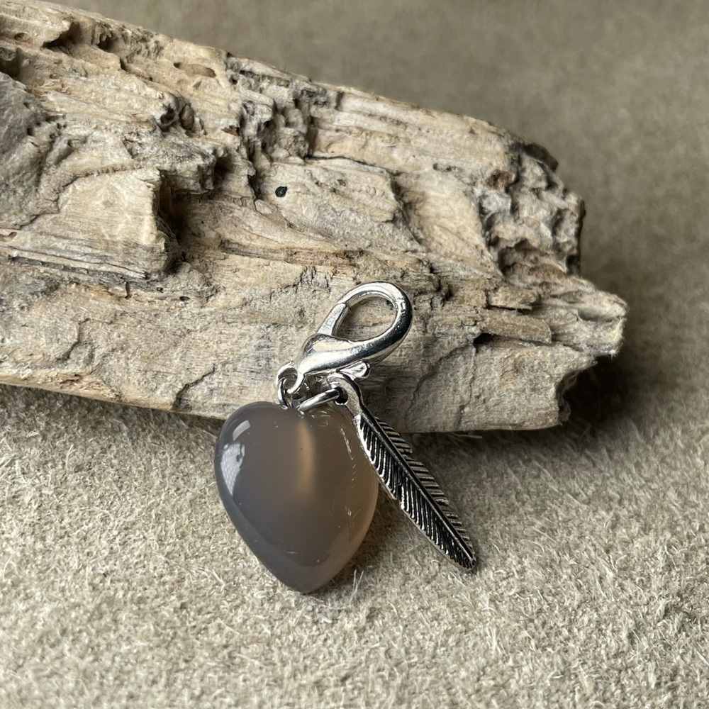 Smokey Quartz Heart Pet Collar Charm With Small Antique Silver Feather Charm - Picture 10 of 12